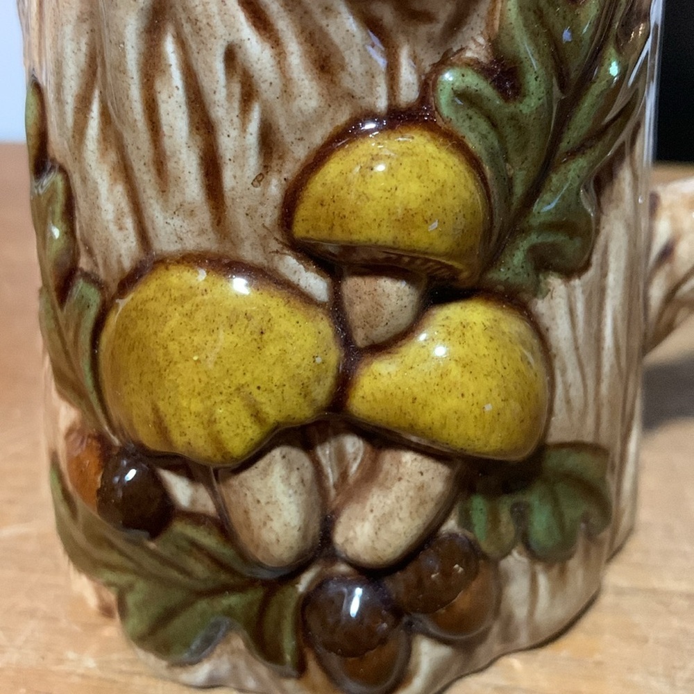 Retro Mushrooms Handmade Ceramic Wood Grain Pitcher or Vase Shelf / Home Decor - Picture 3 of 14